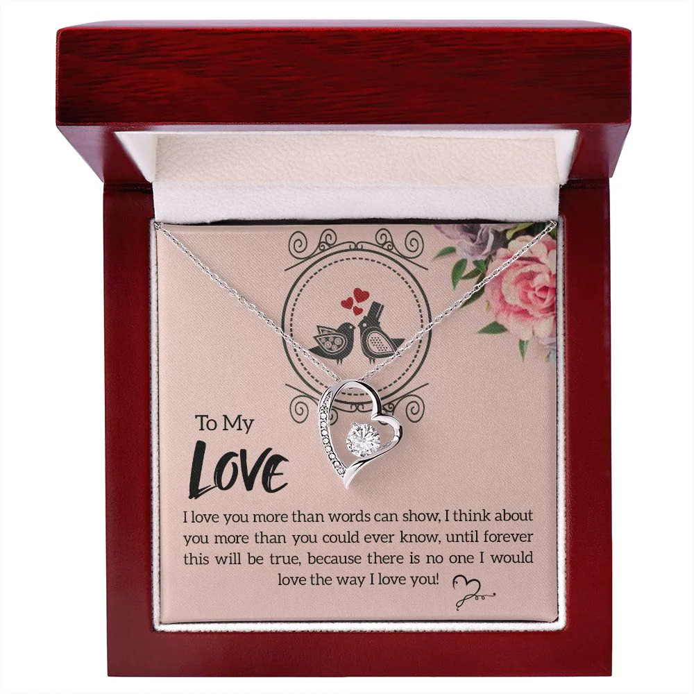 My Love Love You More Forever Love CZ Heart Necklace Yellow Gold Standard Box